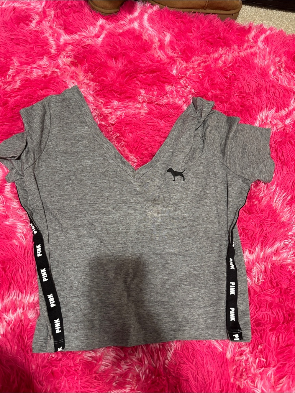 PINK Victoria's Secret Gray V‑Neck Tee with Branded Side Tape